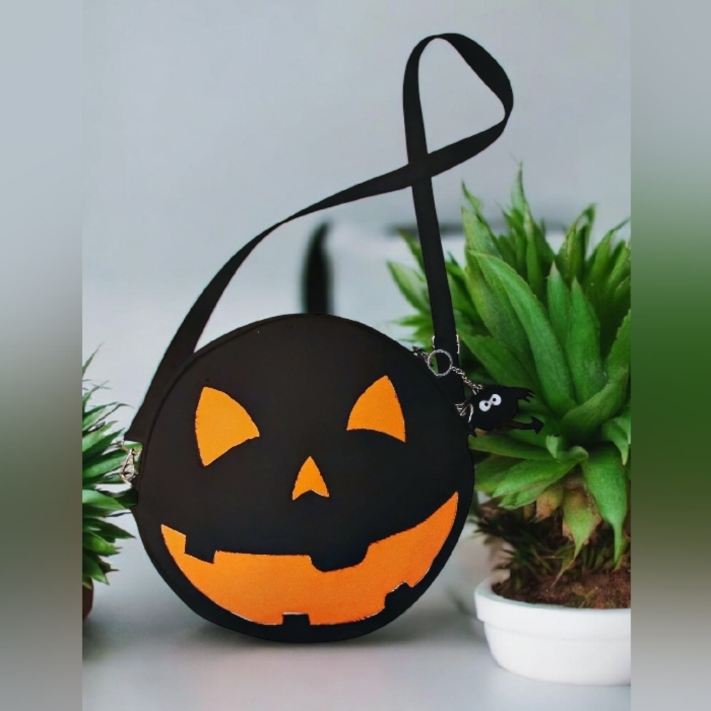 Gothic Handcrafted Limited Design Pumpkin Crossbody Bag With Bat Keychain.